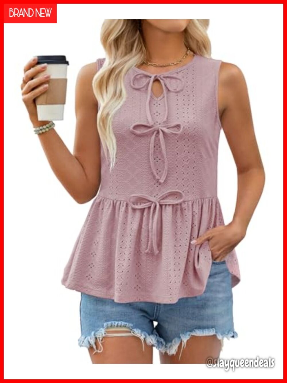 Peplum Babydoll Tank Top Flowy Bow Front Eyelet Blouse Summer Tops
